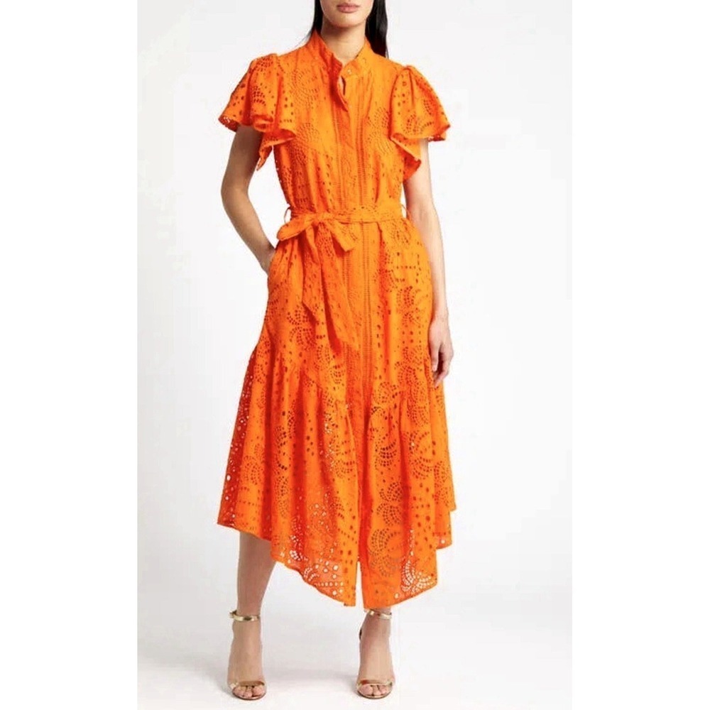 NEW! Ciebon Isabella Eyelet Maxi Shirtdress Dress Tie Waist Orange SZ L